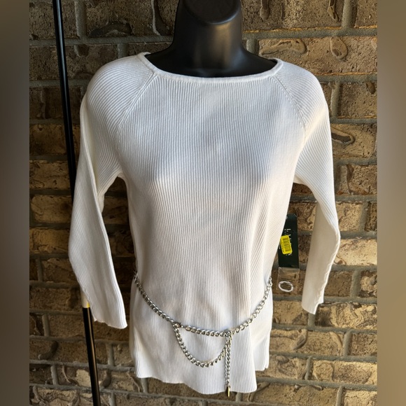 Lauren Ralph Lauren White Ribbed Sweater Tunic with Silver Chain Belt Size M - Picture 5 of 14